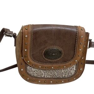Justin Western Crossbody Bag Brown Faux Leather Rhinestone Studded Lace Concho